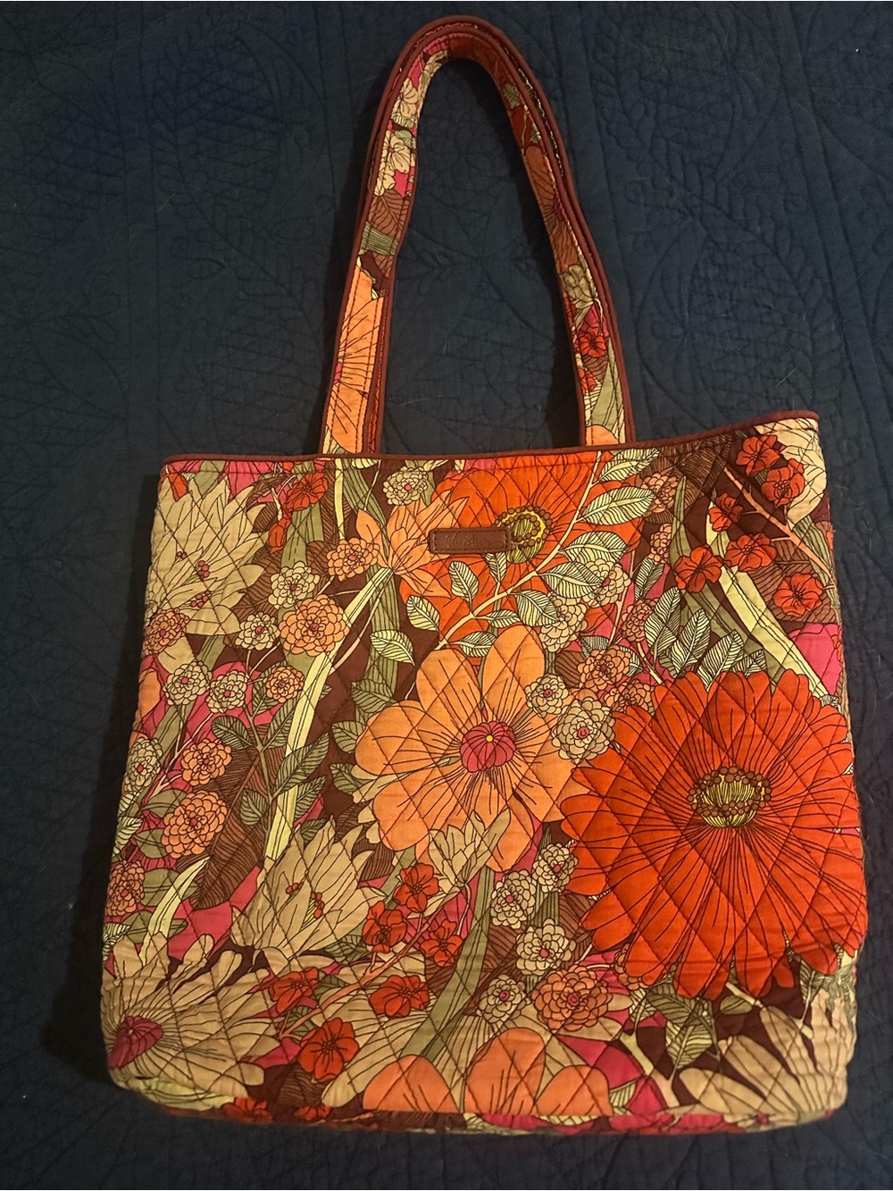 Vera Bradley “Vera” Tote. Floral Quilted Tote Bag in orange, pink, and maroon.